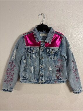 Denim Jacket with Hot Pink Satin Yoke and Rhinestone Leopard Accents,Size M.